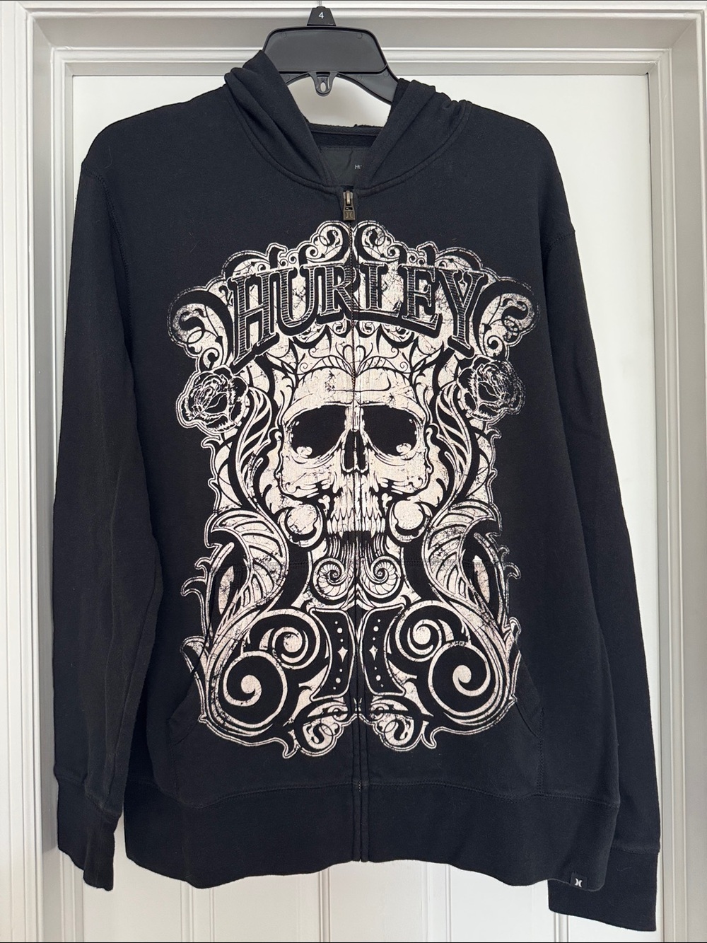 Hurley Black Zip-Up Hoodie with White Skull Artwork